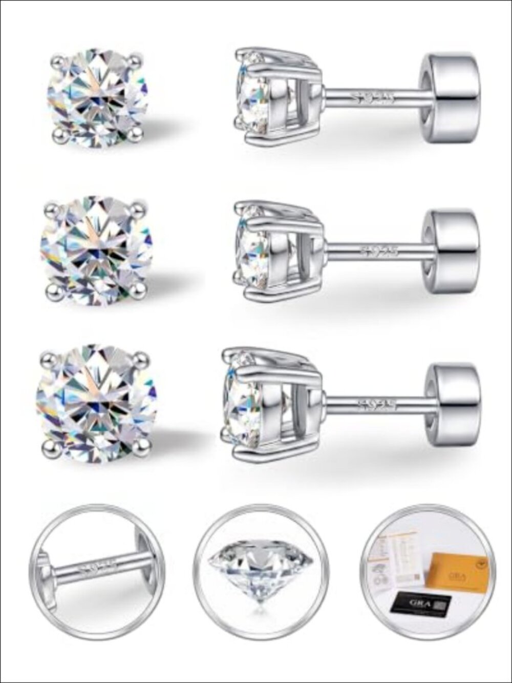 Moissanite Stud Earrings 925 Sterling Silver 18K White Gold Plated 3 Pairs Set